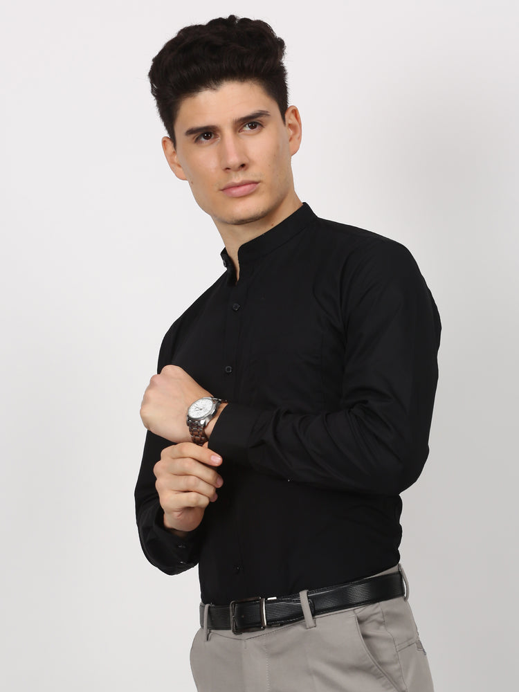 Black Cotton Blend Mandarin Collar Shirt
