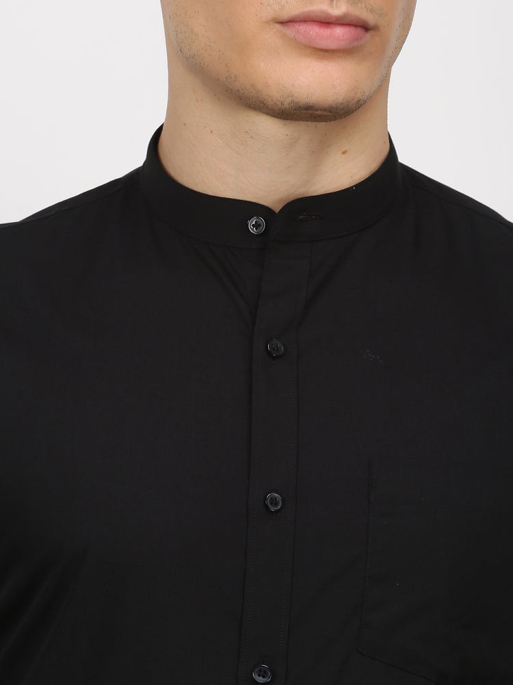 Black Cotton Blend Mandarin Collar Shirt