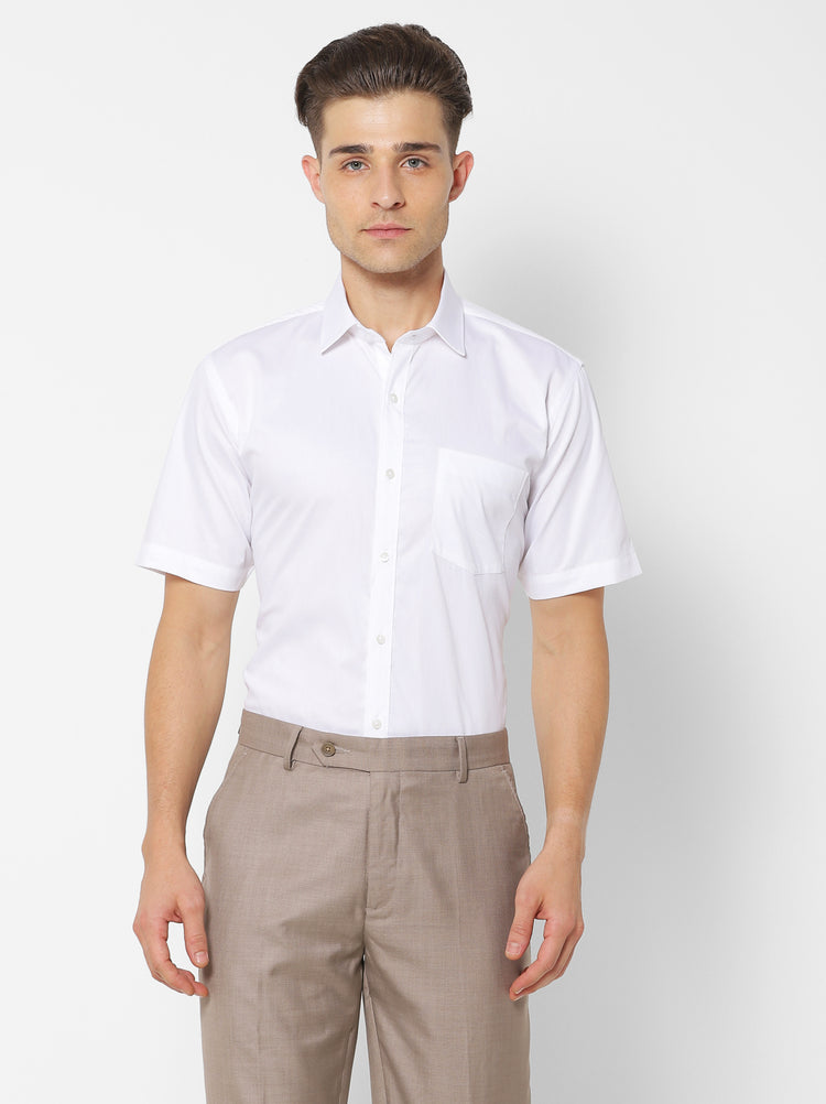 White Cotton Spread Collar Shirt