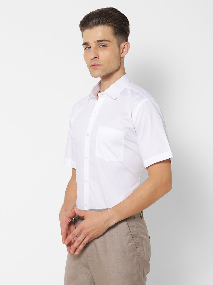 White Cotton Spread Collar Shirt