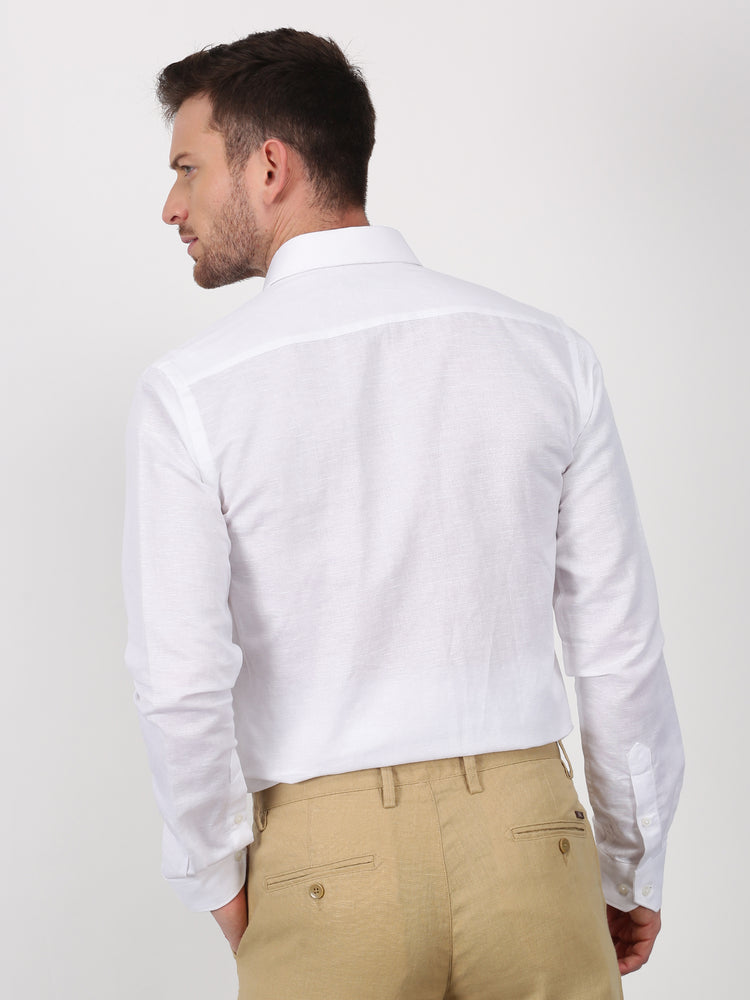 White Linen Cotton Spread Collar Shirt