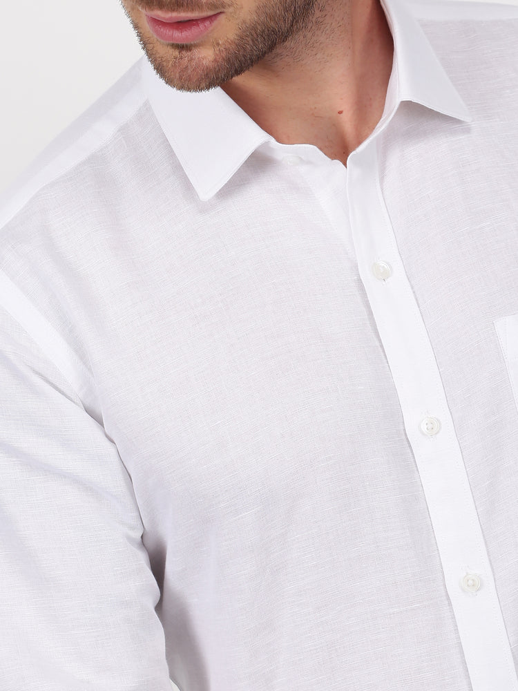White Linen Cotton Spread Collar Shirt