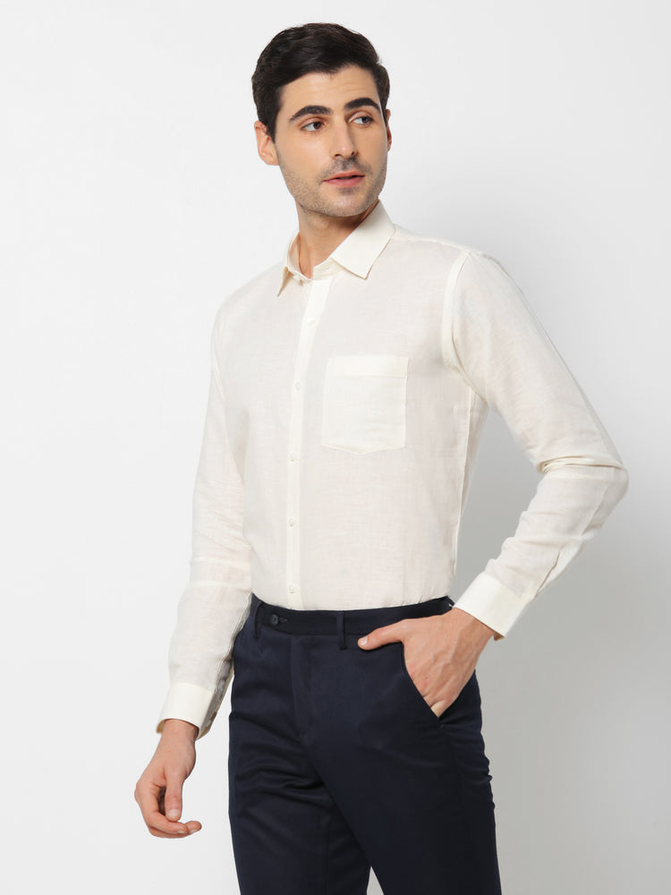 Cream Linen Cotton Spread Collar Shirt