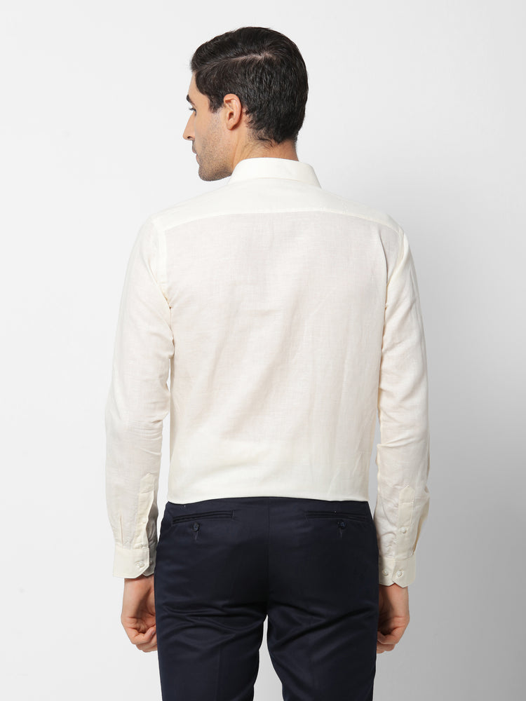 Cream Linen Cotton Spread Collar Shirt