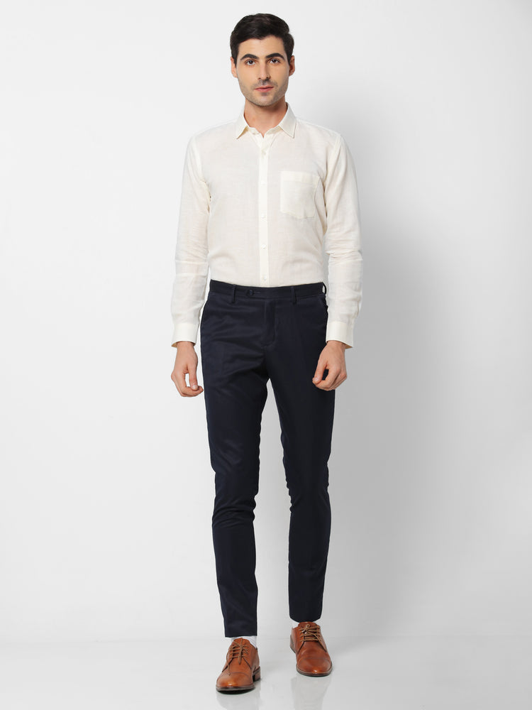 Cream Linen Cotton Spread Collar Shirt