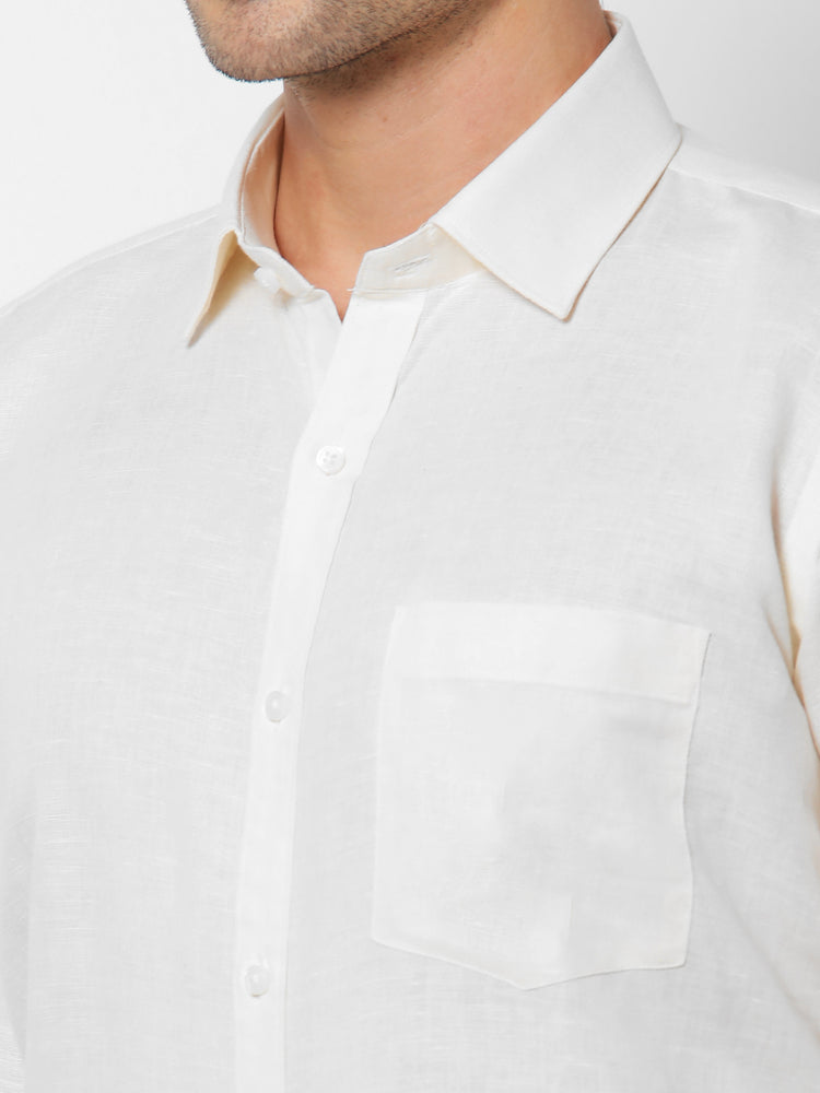 Cream Linen Cotton Spread Collar Shirt