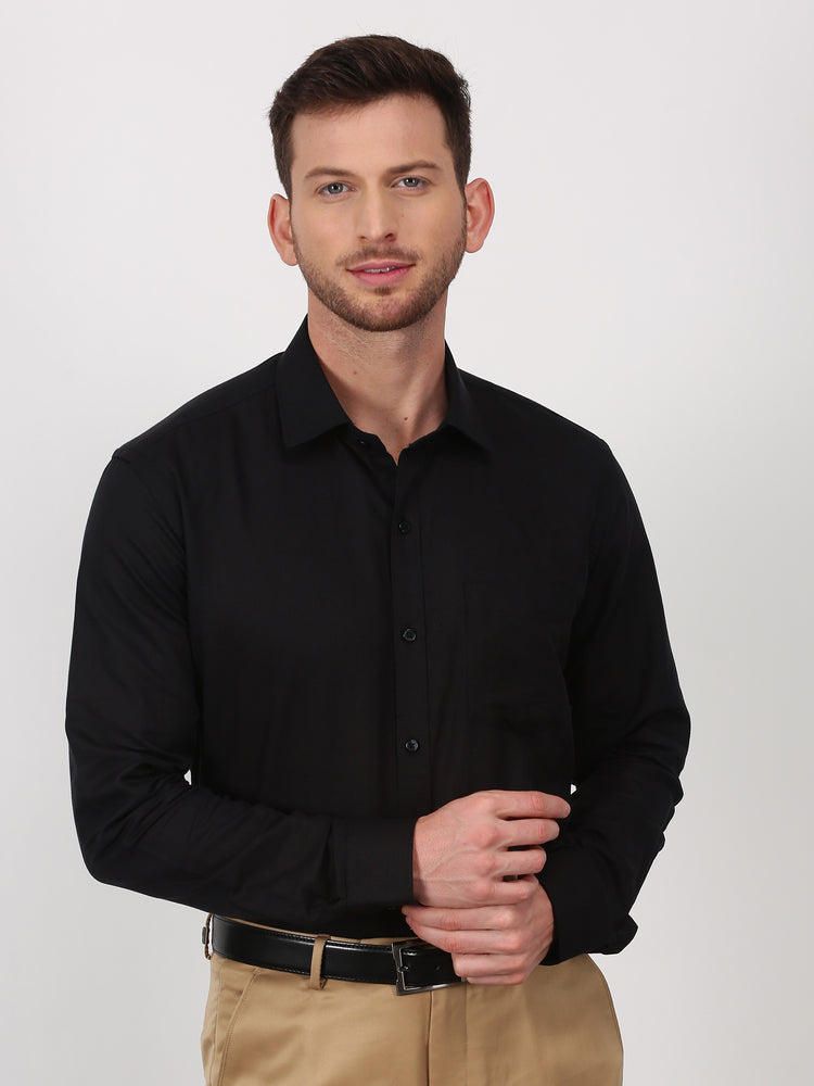 Black Linen Cotton Spread Collar Shirt