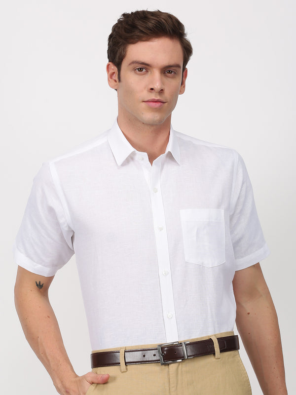 White Linen Cotton Spread Collar Shirt