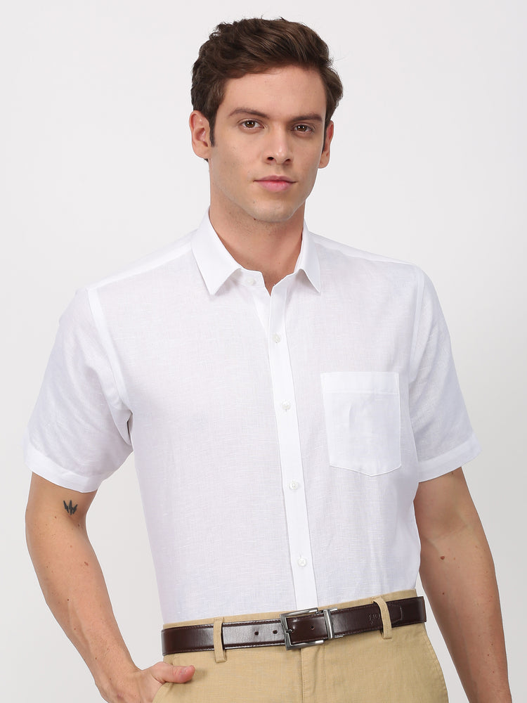 White Linen Cotton Spread Collar Shirt