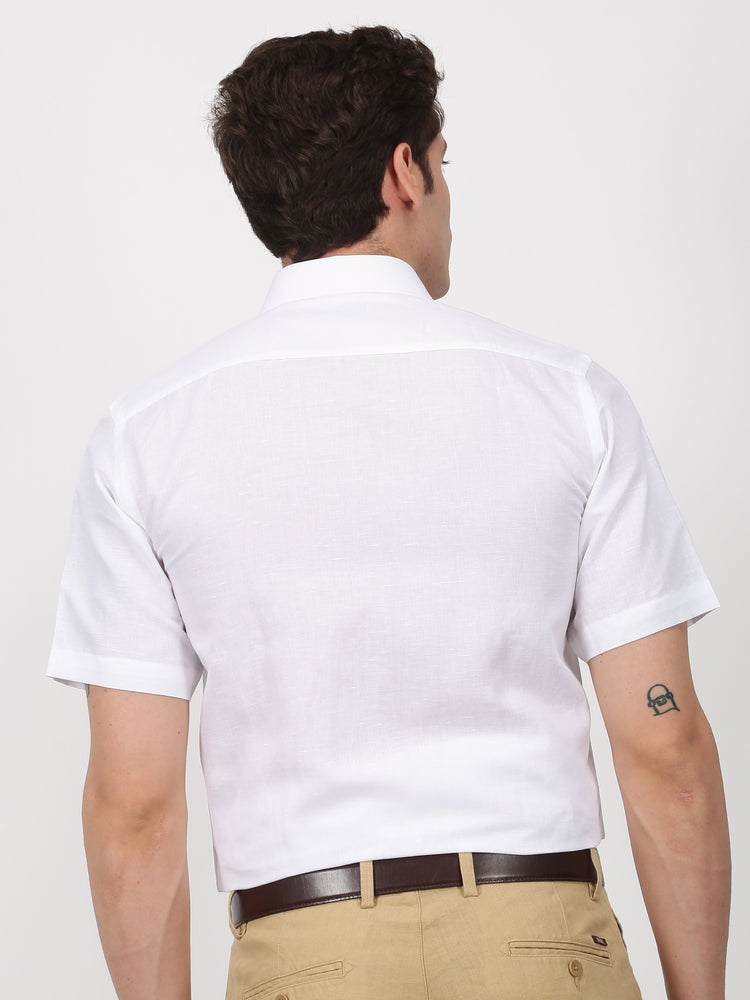 White Linen Cotton Spread Collar Shirt