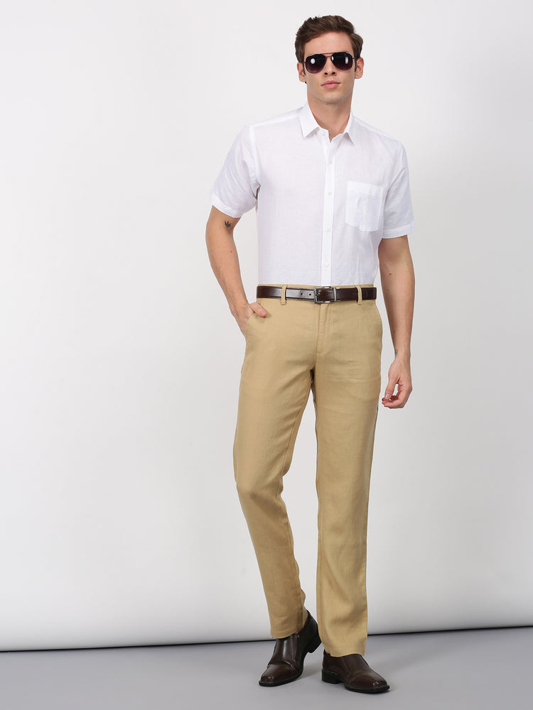 White Linen Cotton Spread Collar Shirt
