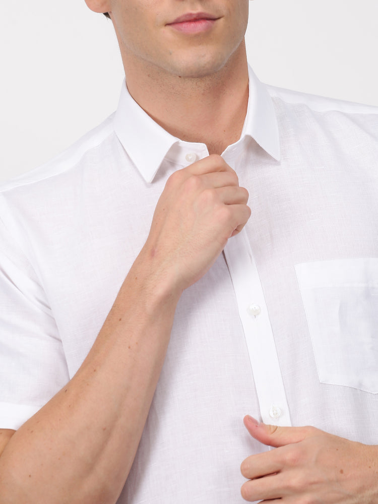 White Linen Cotton Spread Collar Shirt