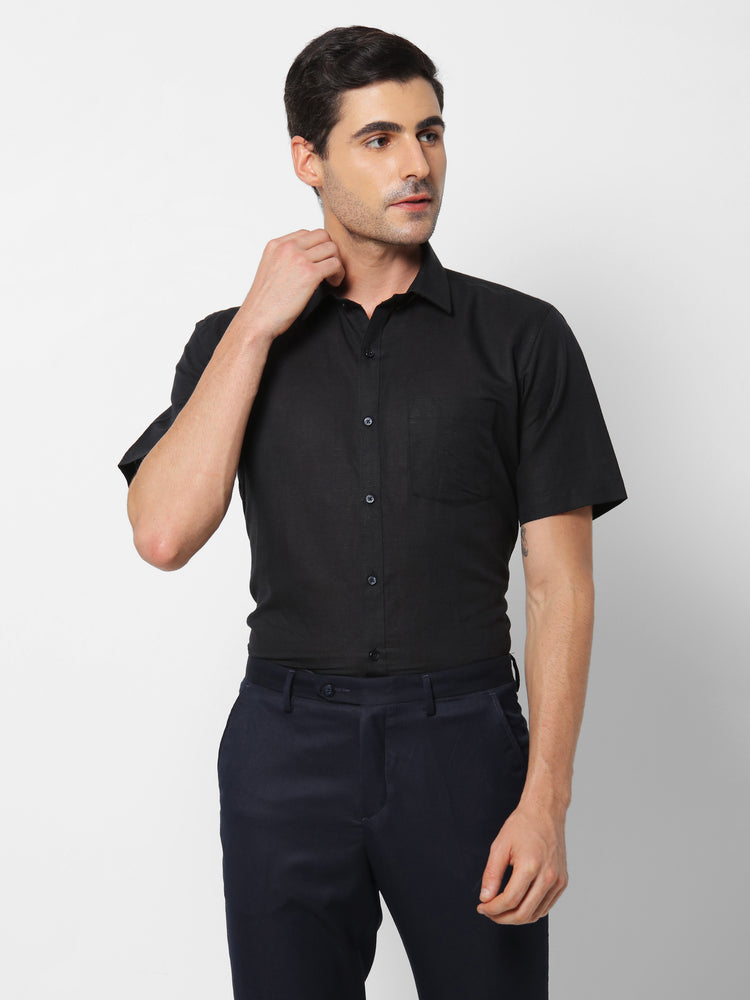 Black Linen Cotton Spread Collar Shirt