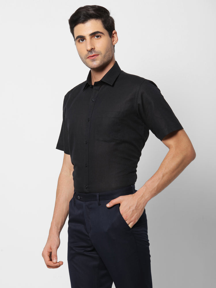 Black Linen Cotton Spread Collar Shirt