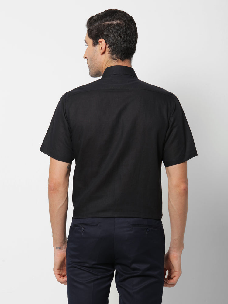 Black Linen Cotton Spread Collar Shirt