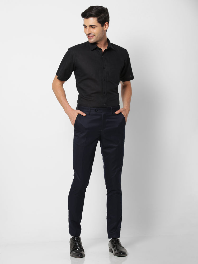 Black Linen Cotton Spread Collar Shirt