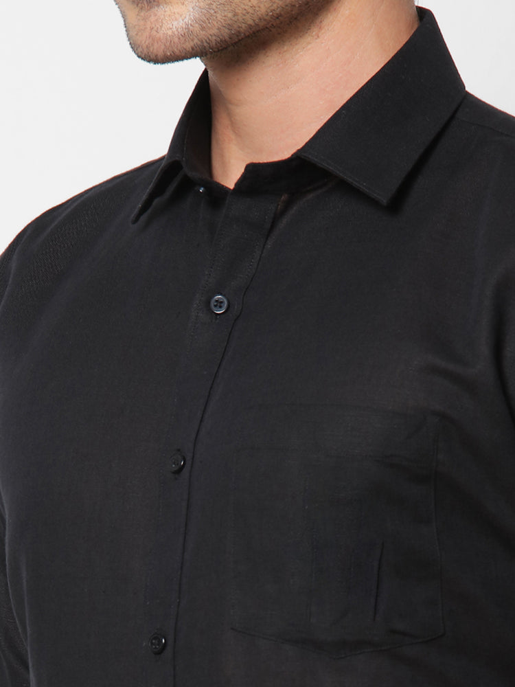 Black Linen Cotton Spread Collar Shirt