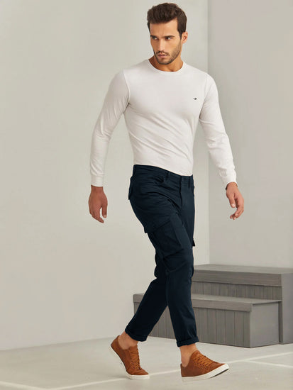 Navy Blue Solid Stretch Cargo Trouser