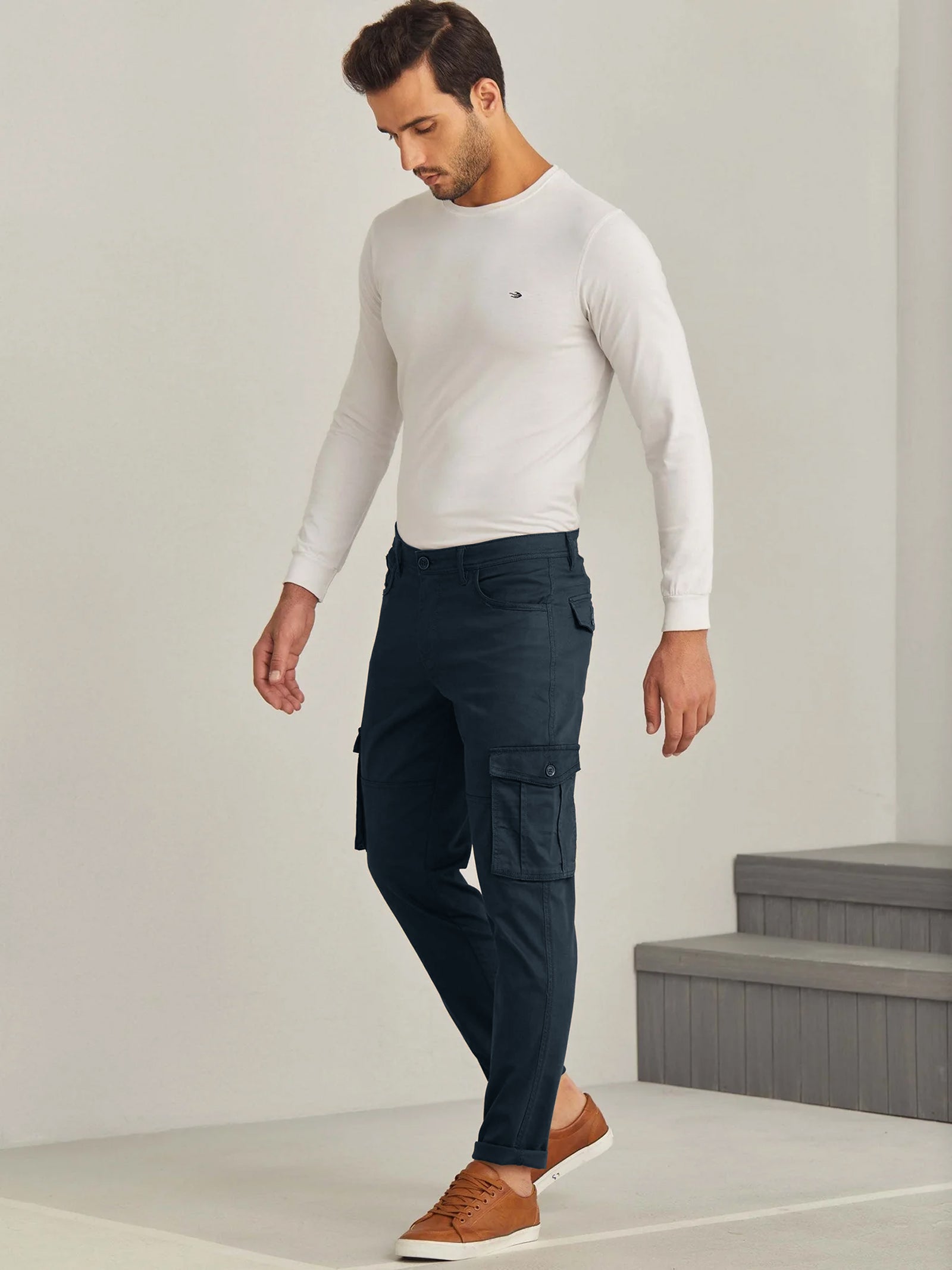 Navy Blue Solid Stretch Cargo Trouser