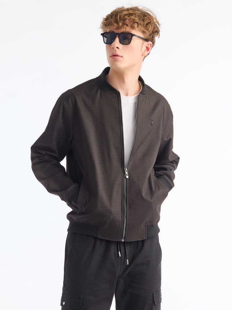 Brown Cotton Stretch Bomber Jacket