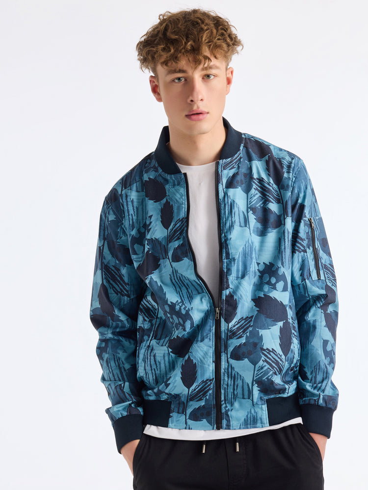 Blue Cotton Stretch Printed Bomber Jacket