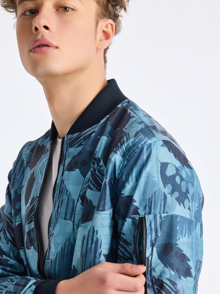 Blue Cotton Stretch Printed Bomber Jacket