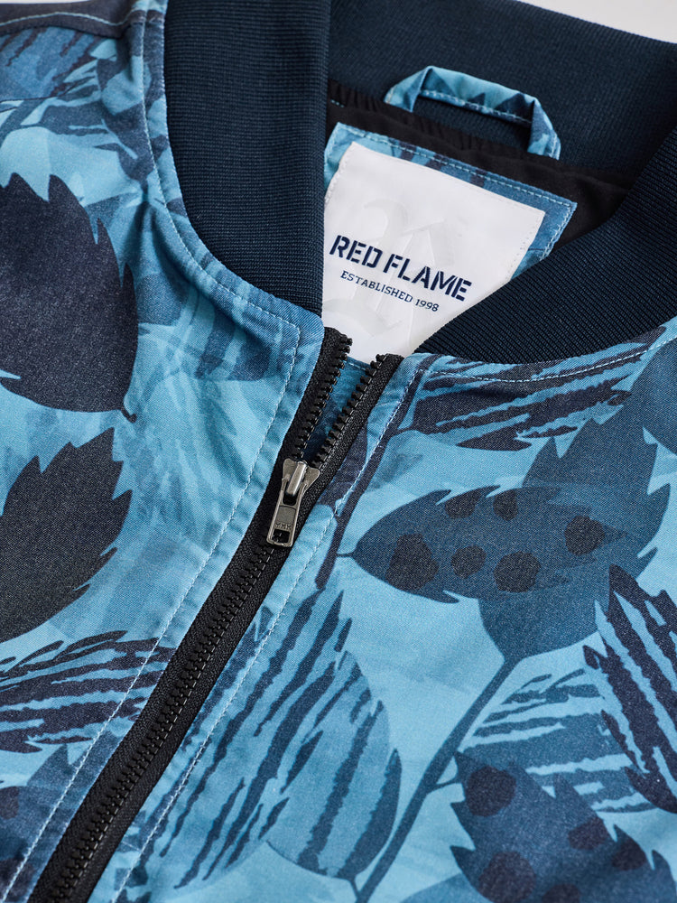 Blue Cotton Stretch Printed Bomber Jacket