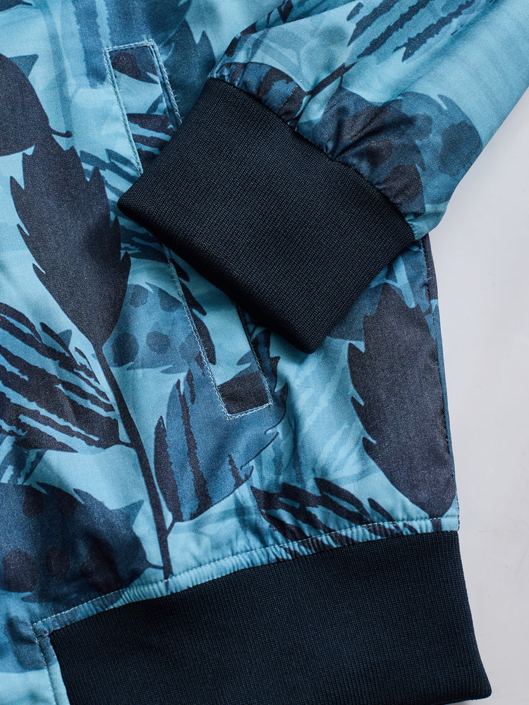 Blue Cotton Stretch Printed Bomber Jacket