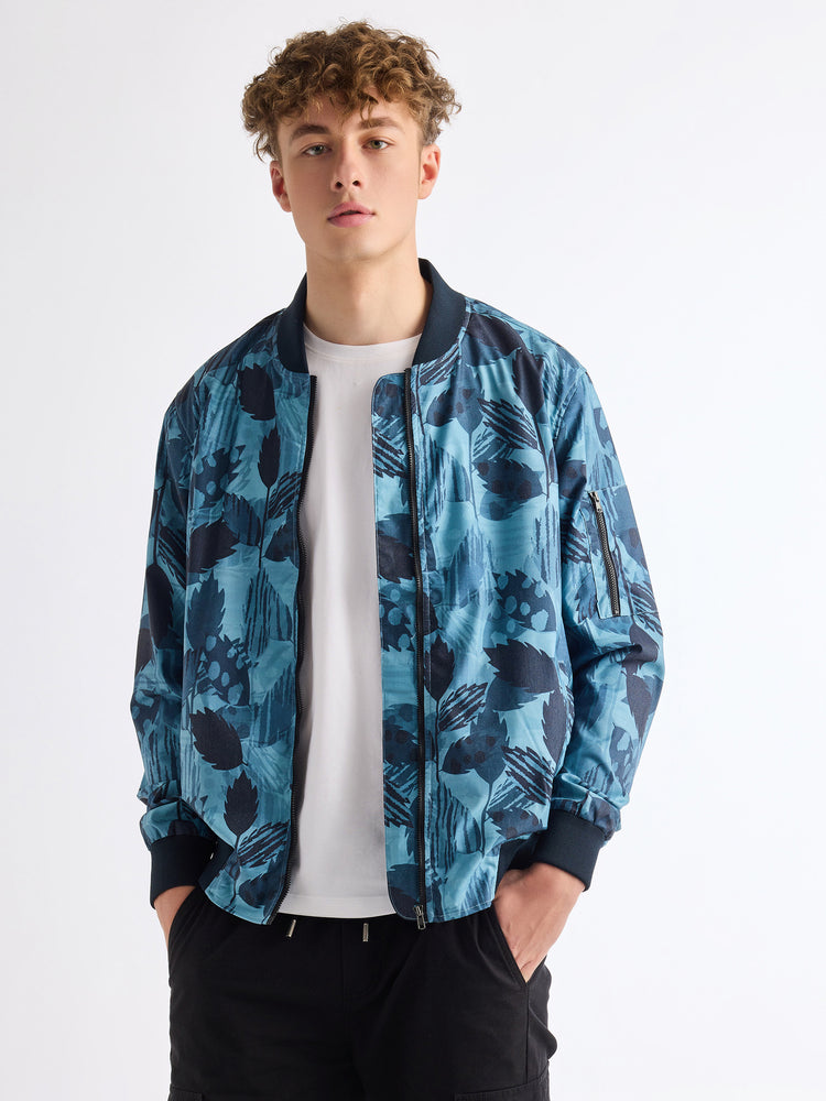 Blue Cotton Stretch Printed Bomber Jacket