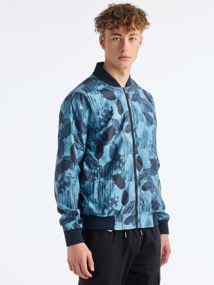 Blue Cotton Stretch Printed Bomber Jacket