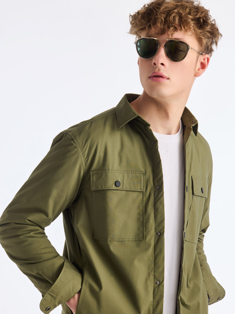 Green Cotton Stretch Spread Collar Shacket