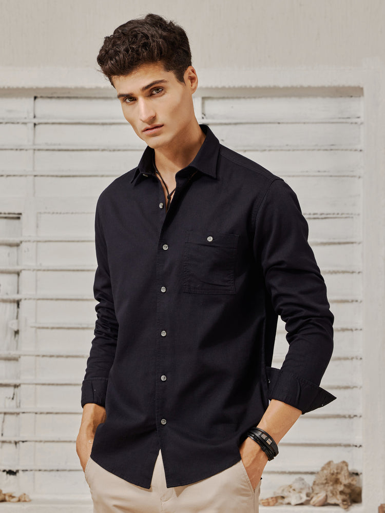 Black Cotton Spread Collar Shirt