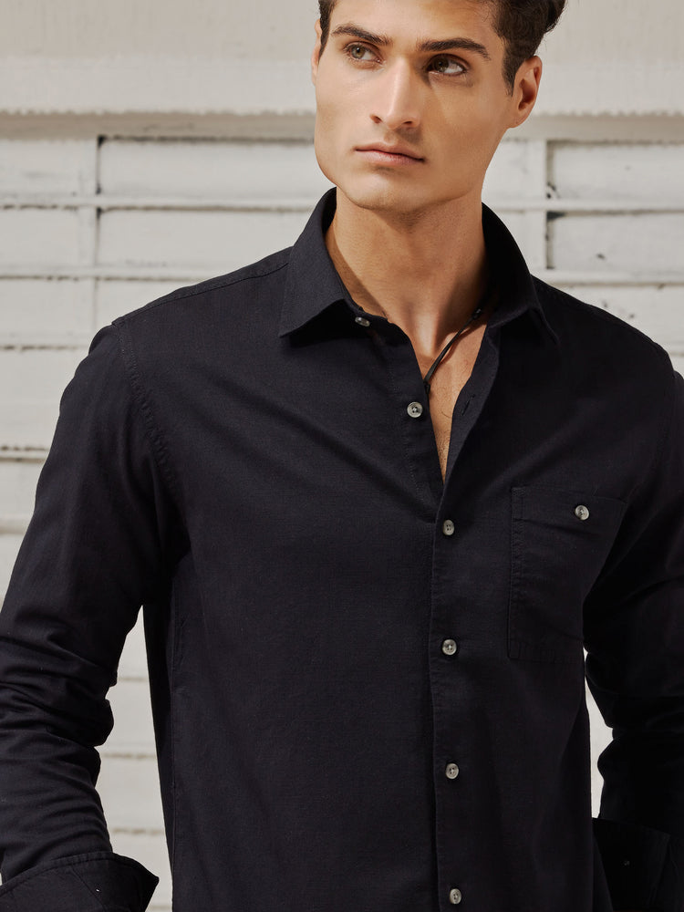 Black Cotton Spread Collar Shirt