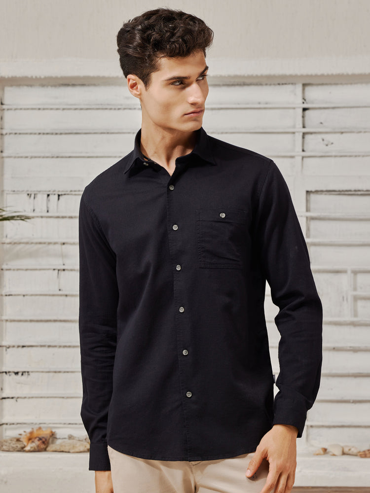 Black Cotton Spread Collar Shirt