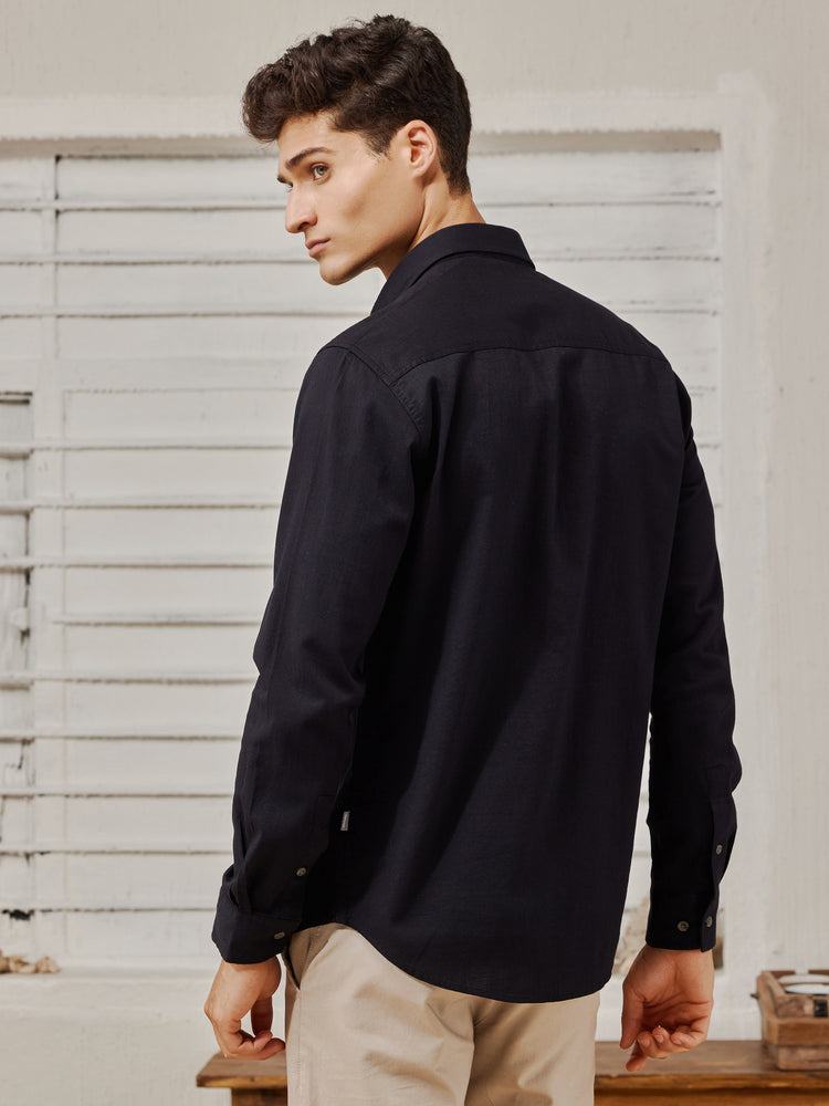 Black Cotton Spread Collar Shirt