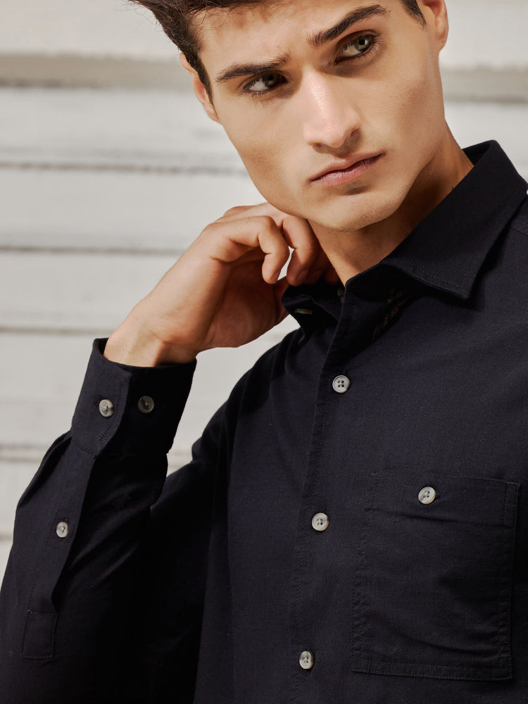 Black Cotton Spread Collar Shirt