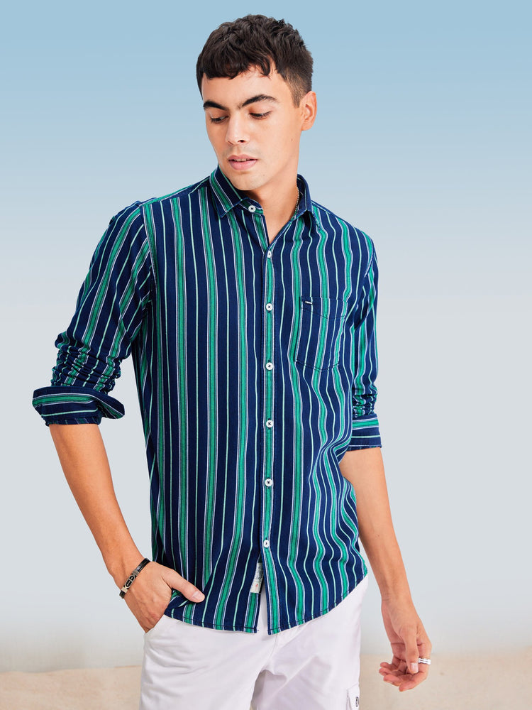 Navy Denim Striped  Shirt