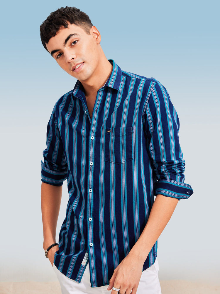 Green Denim Striped  Shirt