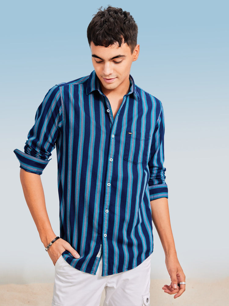 Green Denim Striped  Shirt