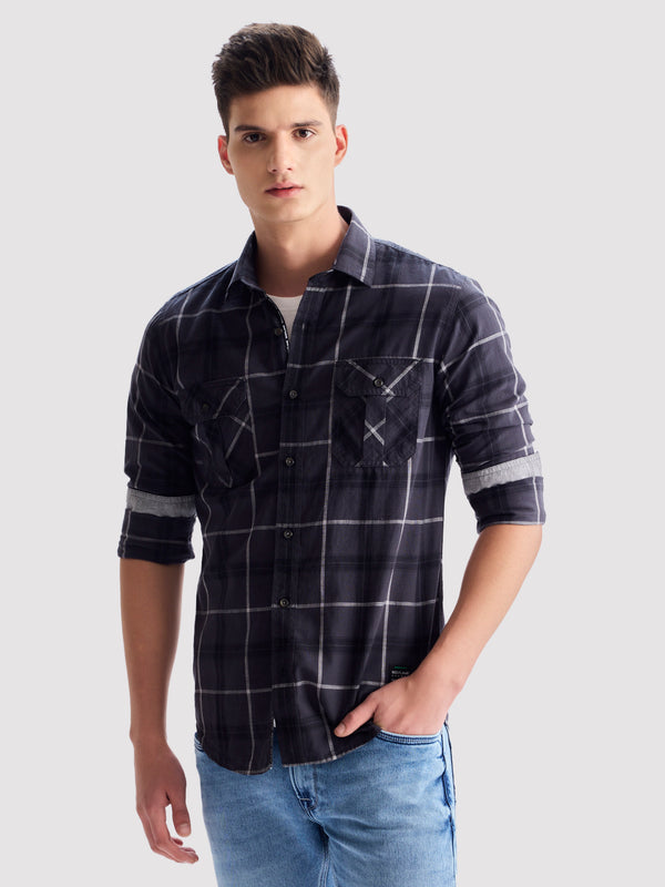 Grey Pure Cotton Checked Shirt