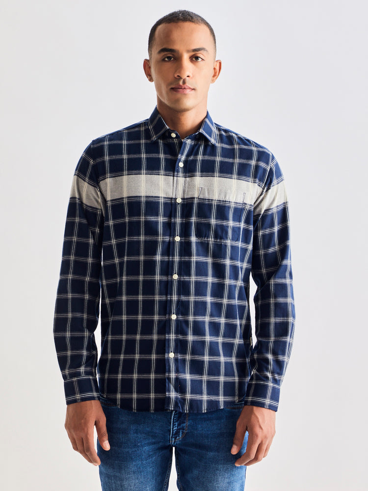 Navy Pure Cotton Checked Shirt