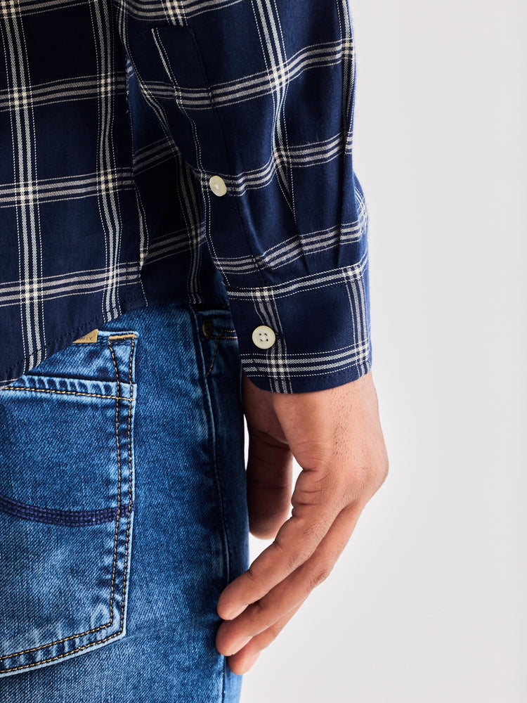 Navy Pure Cotton Checked Shirt