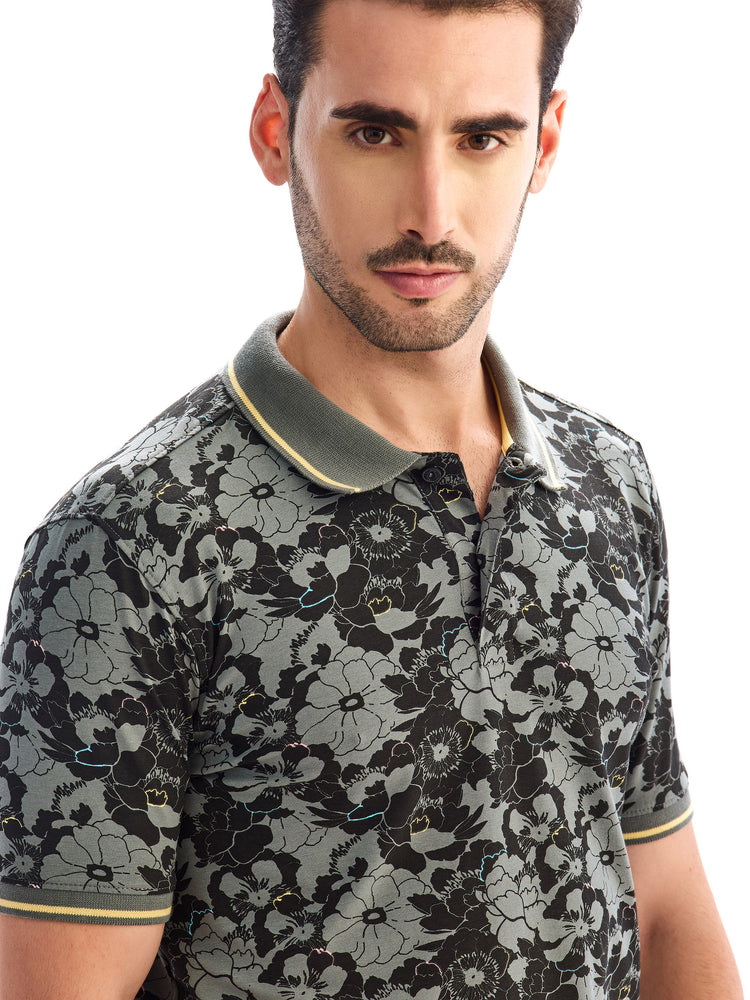 Grey Printed Polo T-Shirt