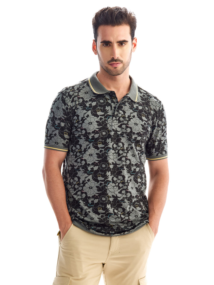 Grey Printed Polo T-Shirt