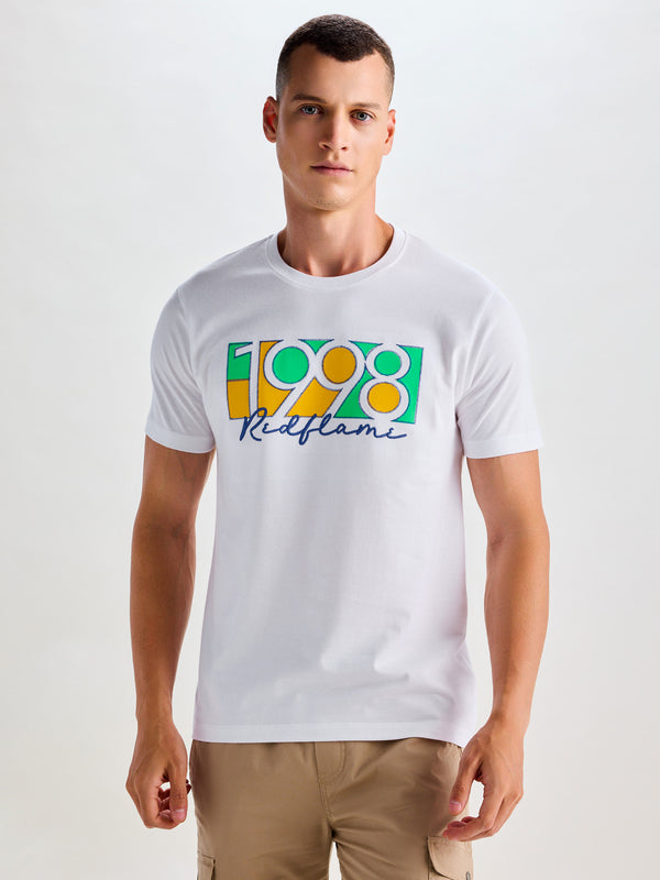 White Peach Chest Print Knits T-Shirt