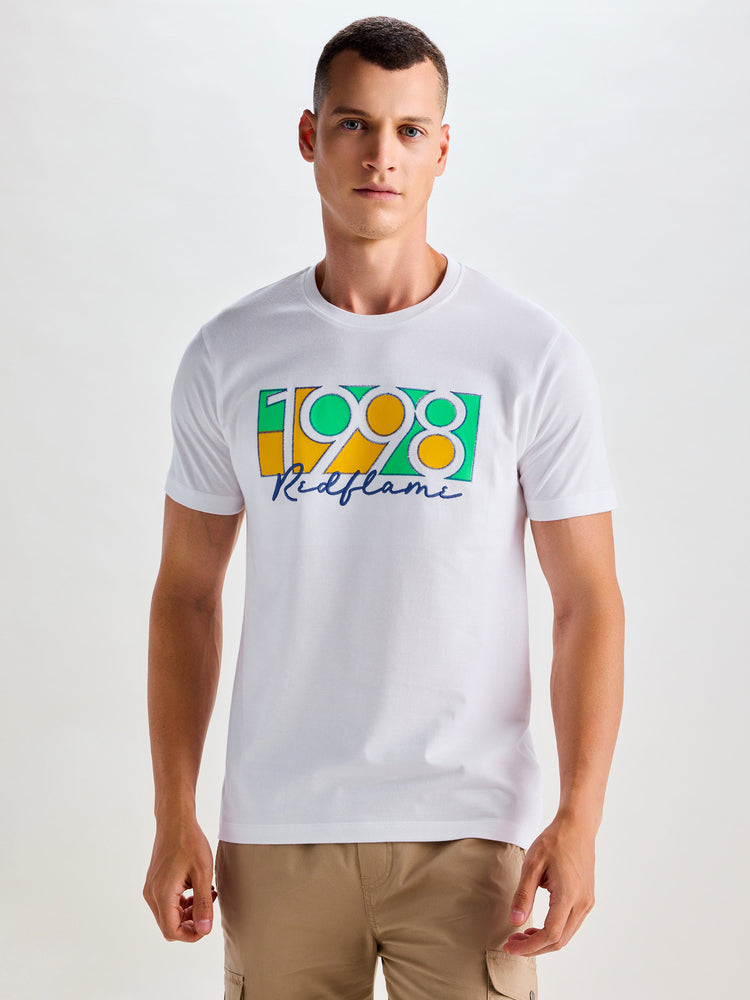 White Peach Chest Print Knits T-Shirt