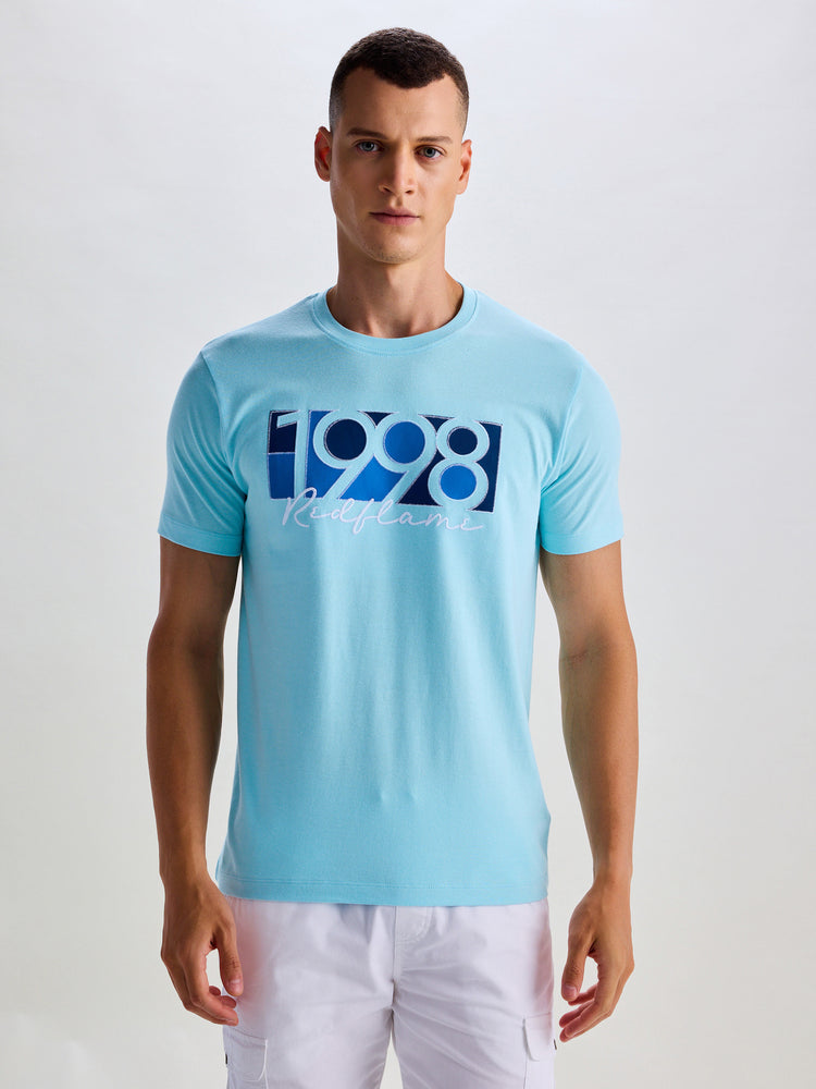 Blue Peach Chest Print Knits T-Shirt
