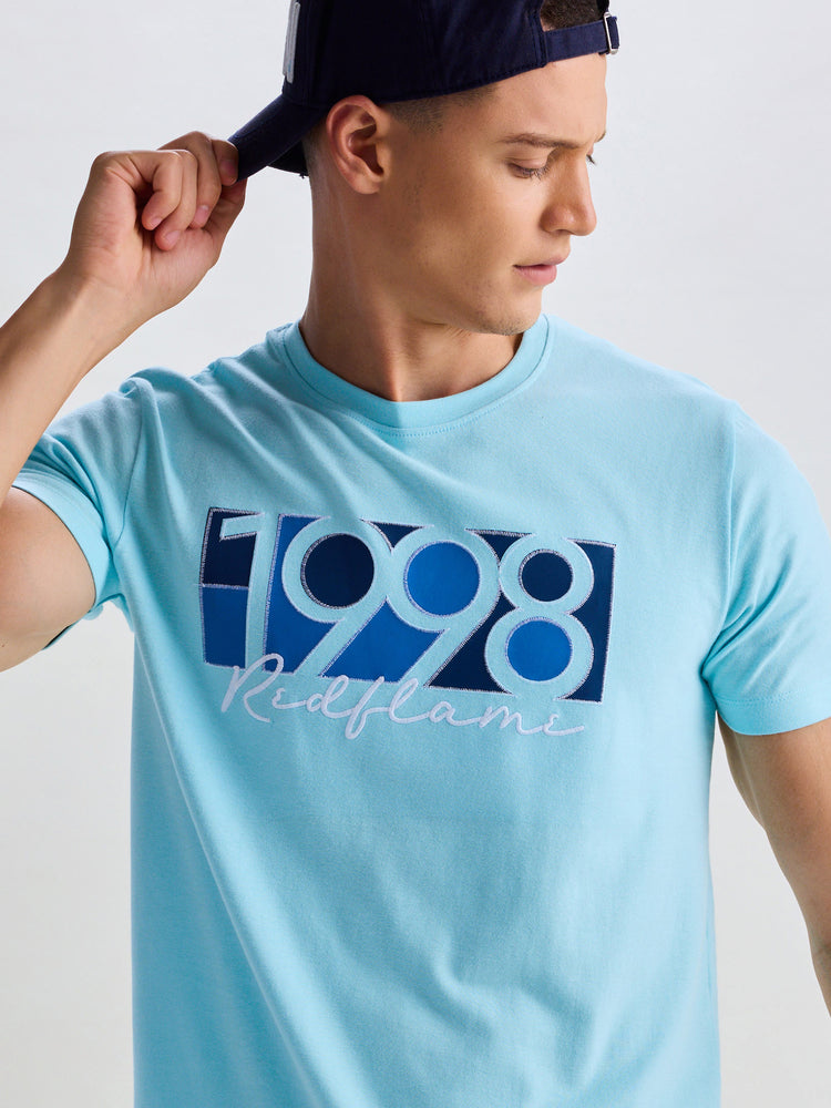 Blue Peach Chest Print Knits T-Shirt