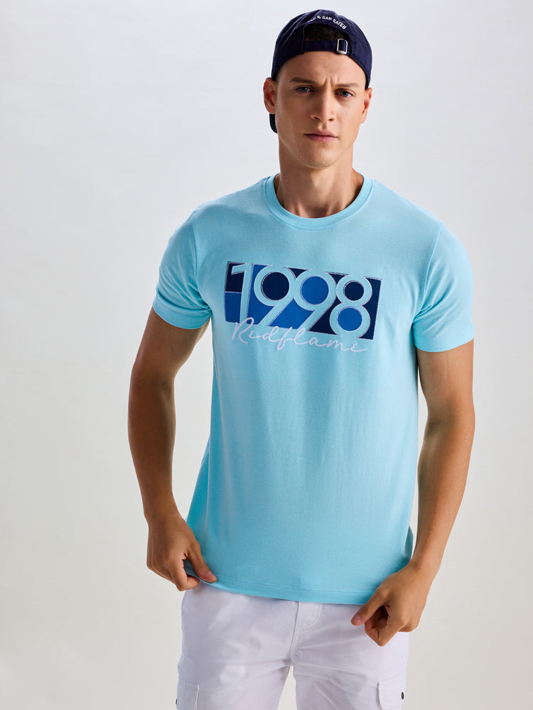 Blue Peach Chest Print Knits T-Shirt