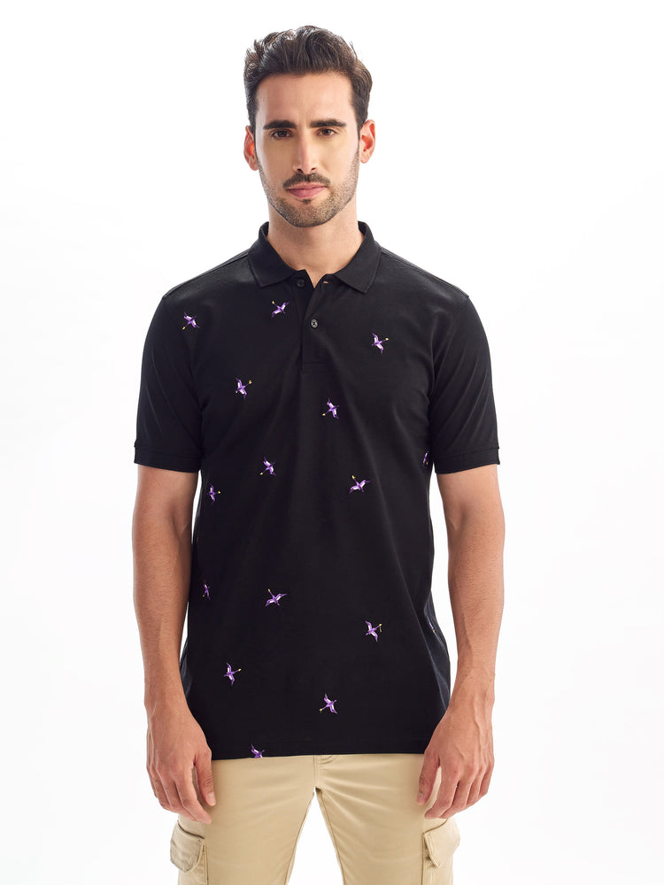 Black Print Polo T-Shirt